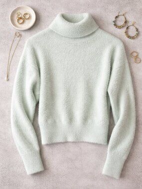 Ann Taylor XXS Women's Turtle Neck Mint Fuzzy Long-Sleeve